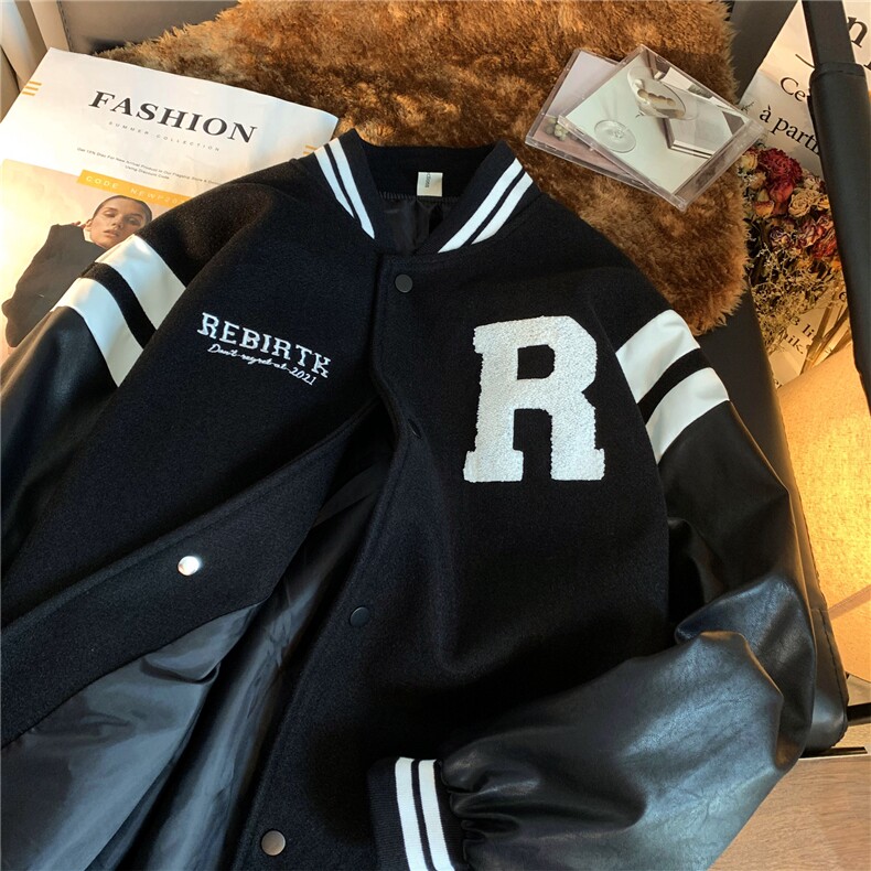 现货2023春装pu皮拼接毛巾绣棒球服夹克外套潮H686P118男类,男装夹克,电商A341