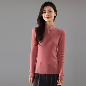 优雅女士秋季新款修身显瘦中式盘扣针织衫图片