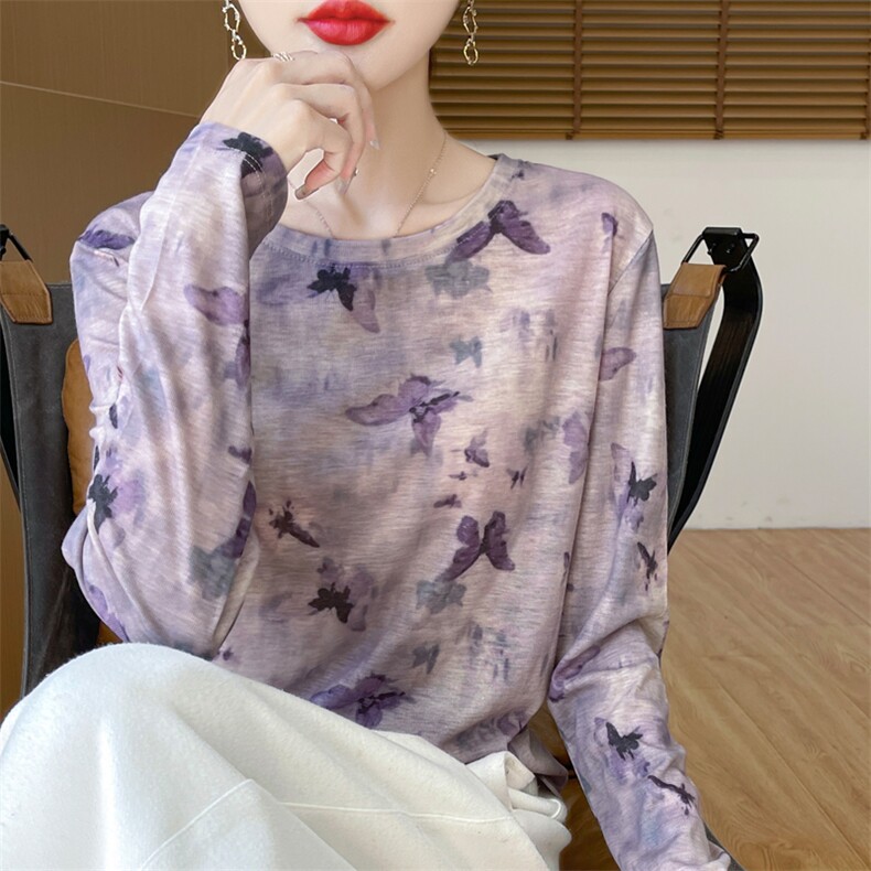 秋季新款天丝女圆领水墨画长袖正品细绒棉打底衫时尚亲肤上衣,针织衫/毛衣,羊特美羊绒