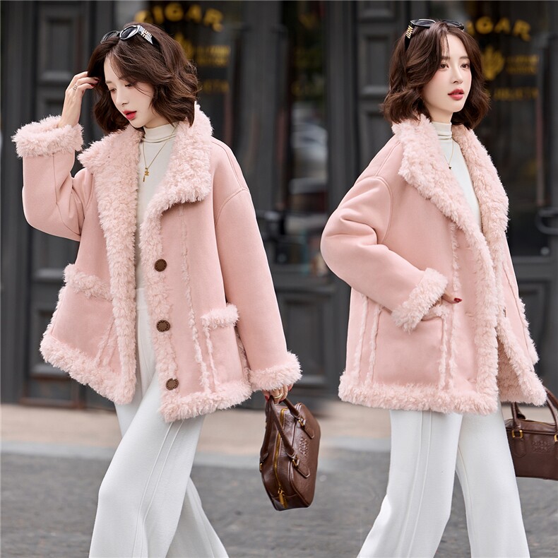 保暖立领皮毛一体外套女2025冬季新款时尚洋气两面可穿毛茸茸上衣，女装羊羔毛/颗粒绒，冬木谷雨