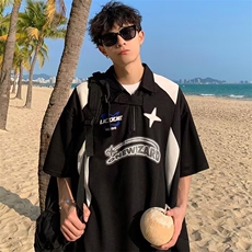 半拉链t恤男polo衫美式复古高街青少年短袖衬衫潮牌潮流夏季体恤，男装T恤，星座506A