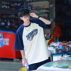 撞色拼接少年感t恤男夏季日系cityboy短袖潮牌潮流重磅七分袖衣服，男装T恤，电商A148