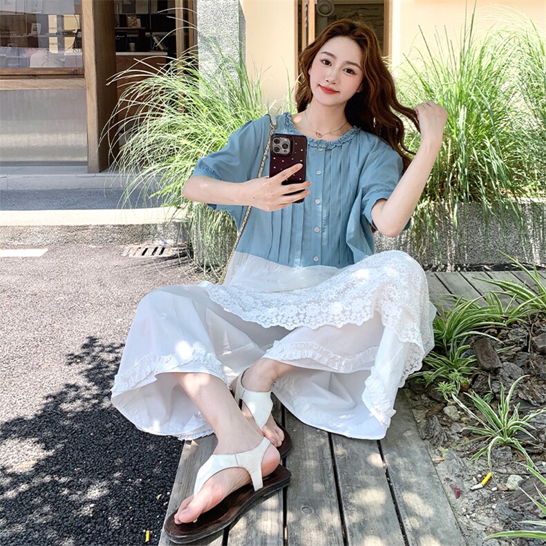 设计感蕾丝花边连衣裙套装女2025夏季新款超好看休闲阔腿裤两件套,女装套装/套裙,2D034