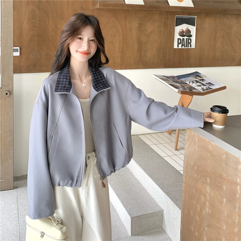 气质格纹拼接蓝色短外套女春秋2025新款小个子流行爆款上衣巨好看,女装短外套,2C012