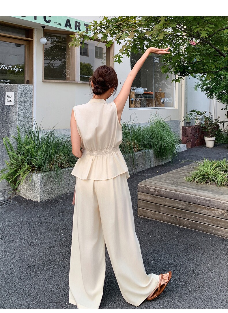 新款现货主推夏季无袖气质套装女老钱风阔腿裤清冷感韩系两件套,女装套装/套裙,网红馆