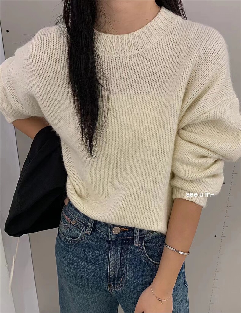 时尚宽松短款针织衫女秋冬加厚圆领小个子毛衣纯色打底衫,针织衫/毛衣,半城羊绒