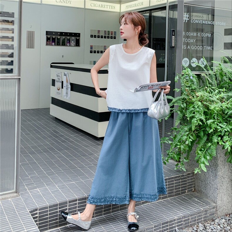 韩版温柔甜美木耳边背心套装女2025夏季新款显瘦撞色阔腿裤两件套,女装套装/套裙,慧尚2-185
