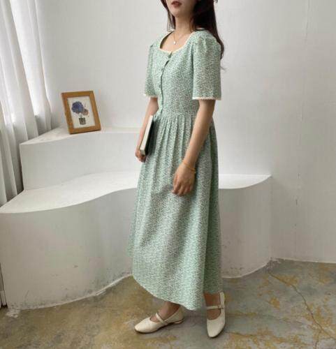 方领蕾丝边连衣裙，女装连衣裙，土布鱼