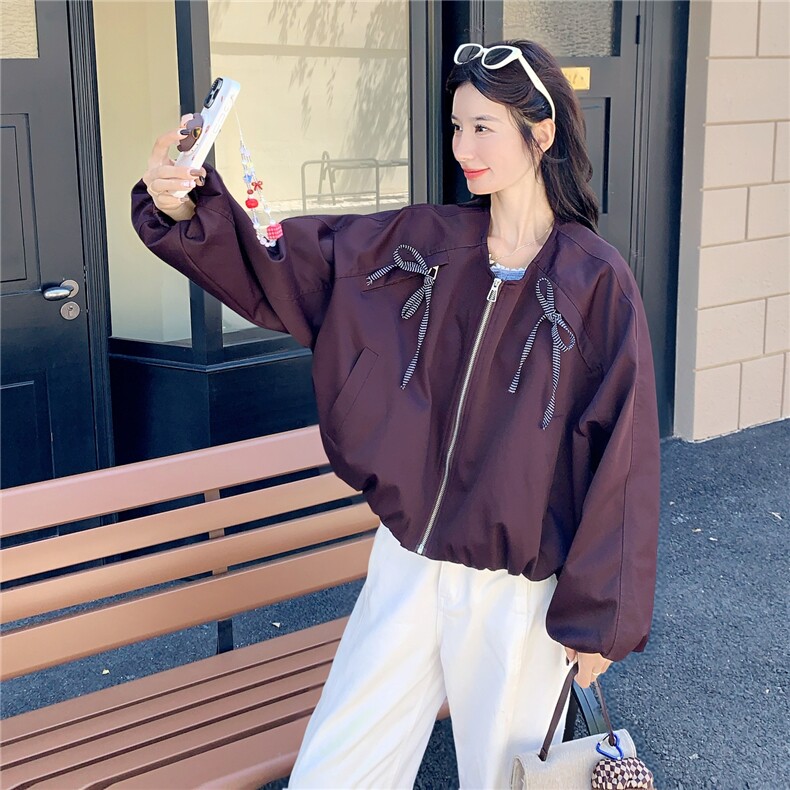 洋气炸街蝴蝶结圆领外套女2025秋季新款超好看宽松小个子短款夹克,女装短外套,2C307