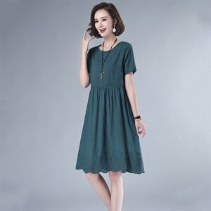 纯棉连衣裙女士2021夏装新款套头a字裙韩版圆领中长款中高腰裙子图片