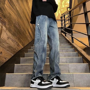 牛仔裤男春季痞帅设计感小众美式高街工装裤潮牌修身休闲裤子K133图片