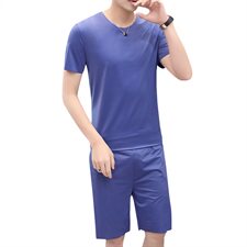 夏季短袖套装t恤圆领无痕短裤男两件套纯色休闲运动深蓝TZ375，男装套装，星座1207