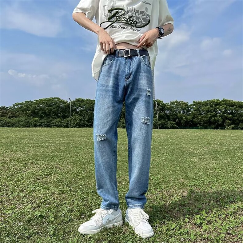 牛仔裤男夏季潮大码休闲裤子高街设计N321P38图片