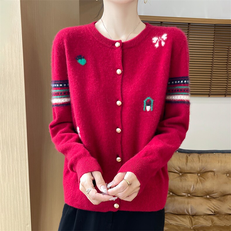 24秋冬100%纯羊毛开衫女圆领撞色提花长袖毛衣宽松甜美羊绒衫外套，女装羊绒衫，科源羊绒