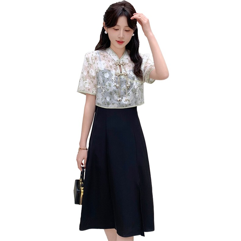 2025年夏季新款提花蕾丝复古件两件套连衣裙,女装连衣裙,心心服饰