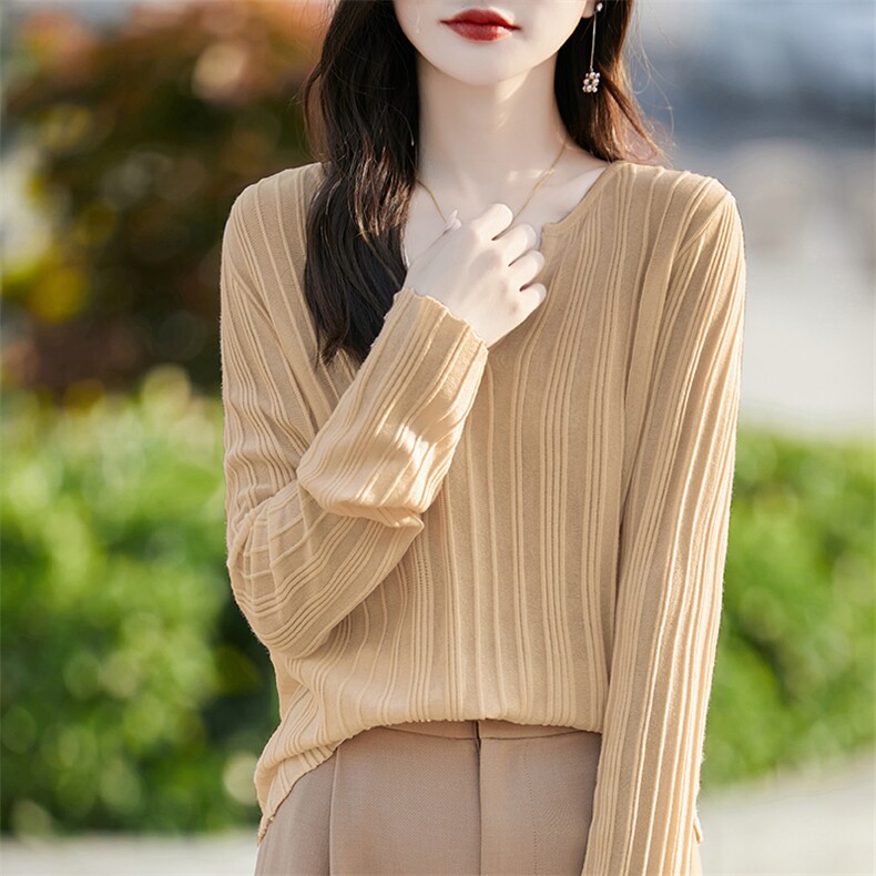 小众设计感V领秋冬打底衫女肌理感气质长袖内搭针织衫毛衣外穿新,针织衫/毛衣,佳绒包芯纱店