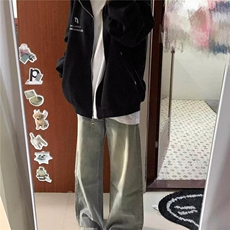 美式复古潮牌街头风开衫连帽加绒加厚卫衣男女2024春秋季宽松外套，男装夹克，星座506A