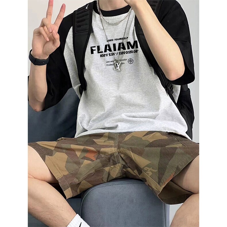 抖音得物高品质二开240克宽松纯棉美式潮牌插肩袖拼接短袖T恤，男装T恤，电商A486