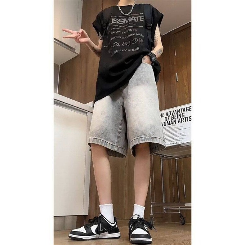 水洗做旧牛仔短美式复古中裤宽松显瘦直筒阔腿五六分裤24124P35,男装牛仔裤,电商D256-2(原A064-2)