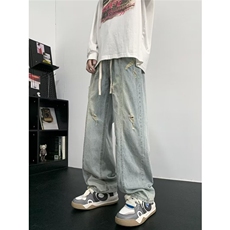 冰丝牛仔裤男夏季薄款美式高街vibe水洗破洞潮牌宽松直筒休闲长裤，男装牛仔裤，星座1210-1