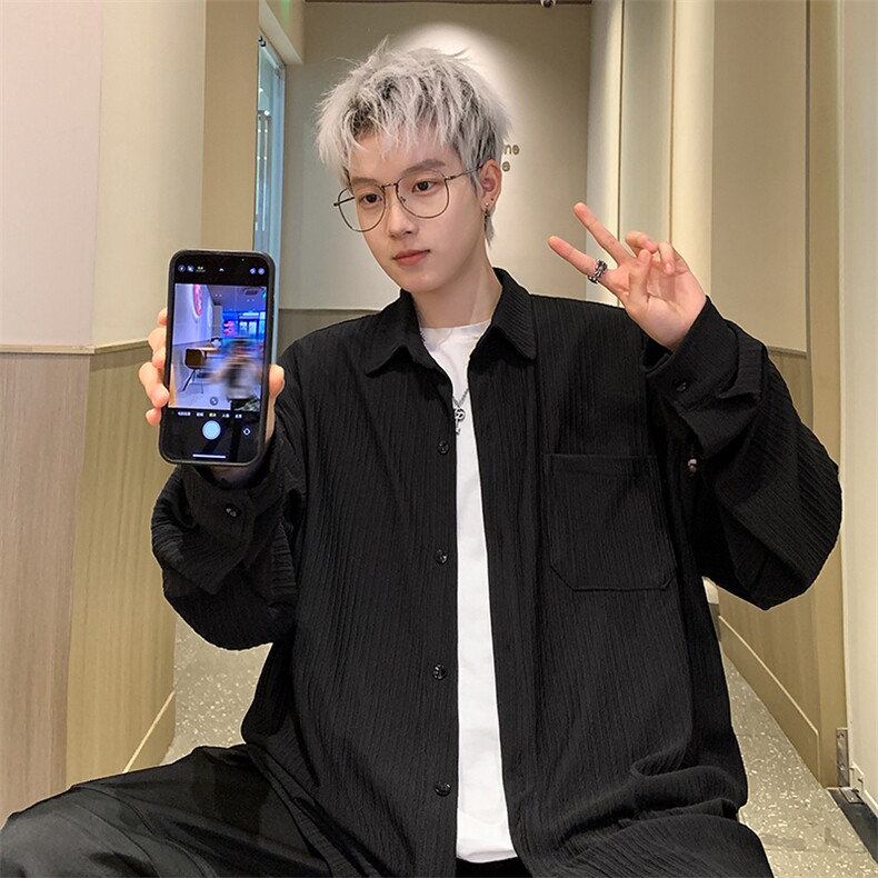 2025秋冬新款细条纹翻领大码衬衫港风男外套CS1802/特P30黑色,男装衬衫,电商A094