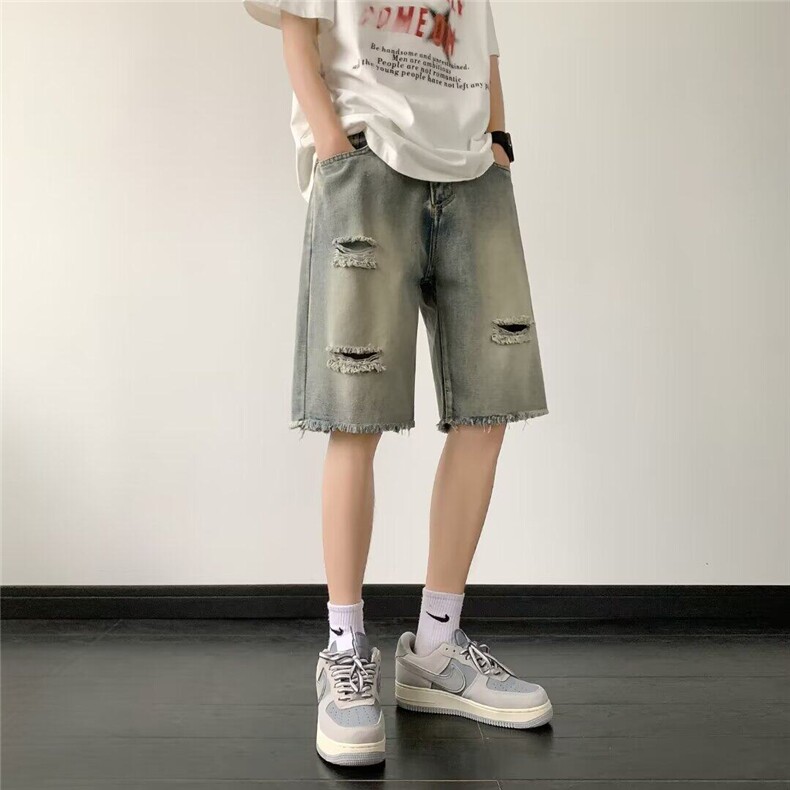 破洞牛仔短裤男士韩版潮流做旧2026夏季ins宽松五分裤RK2728-P35,男装牛仔裤,星座412-2