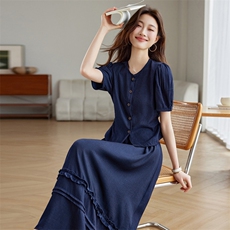 万-春季新款韩版设计感圆领短袖连衣裙女宽松显瘦百搭中长款裙子，女装套装/套裙，江南富贵女