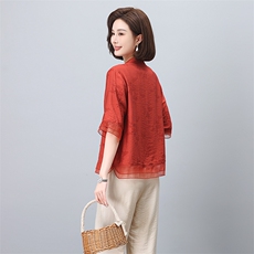 新款天丝刺绣上衣女夏季宽松显瘦短袖衬衫+阔腿裤两件套套装，女装套装/套裙，凝聚力