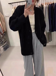 欧洲站秋冬大V领羊绒开衫女中长款宽松加厚毛衣100羊毛针织外套