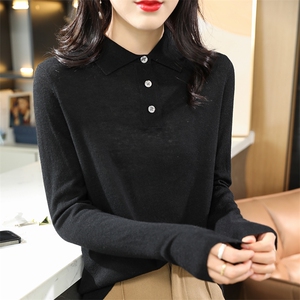 精纺羊毛POLO领打底衫女内搭2025秋冬新款针织衫宽松上衣长袖毛衣图片