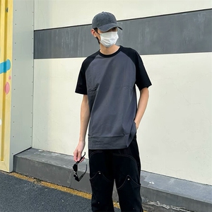 抖音得物高品质二开240克宽松纯棉美式潮牌插肩袖拼接短袖T恤图片