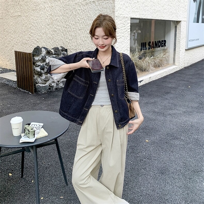韩系独特超好看复古短款夹克深蓝色格纹袖口牛仔外套女秋,女装短外套,浙宝108