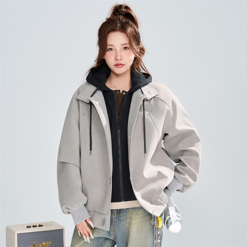 假两件连帽麂皮绒夹克女宽松复古潮流百搭外套XZ309JK8001P98，男装夹克，星座309（原A406）