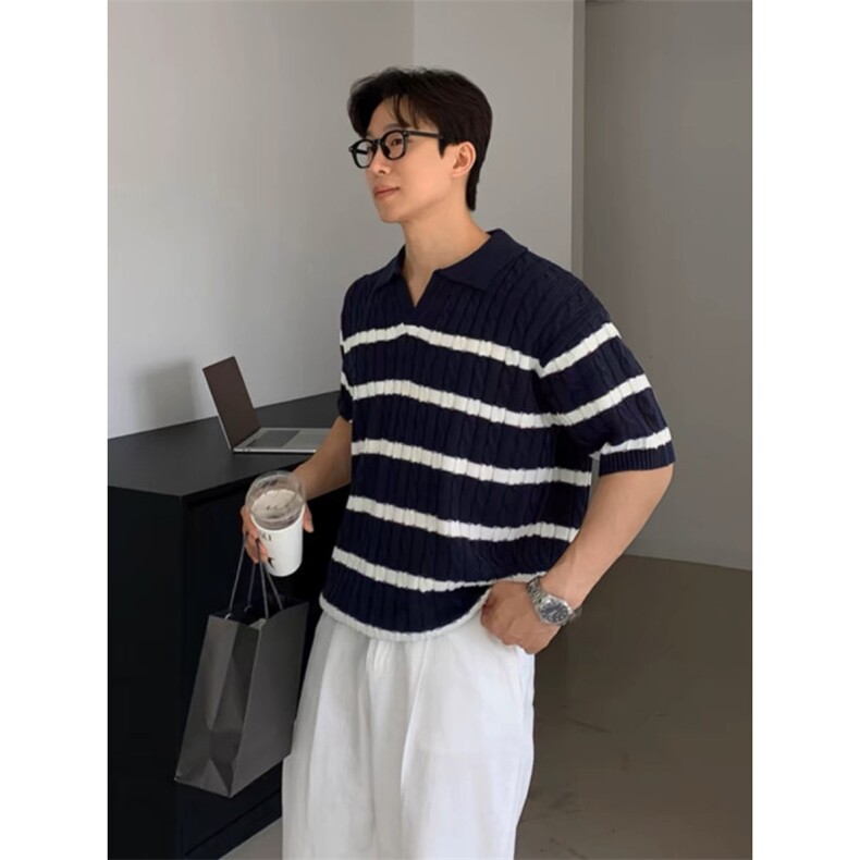 1506/QK370/P45夏季蓝白翻领Polo衫短袖针织衫男韩东大门图片