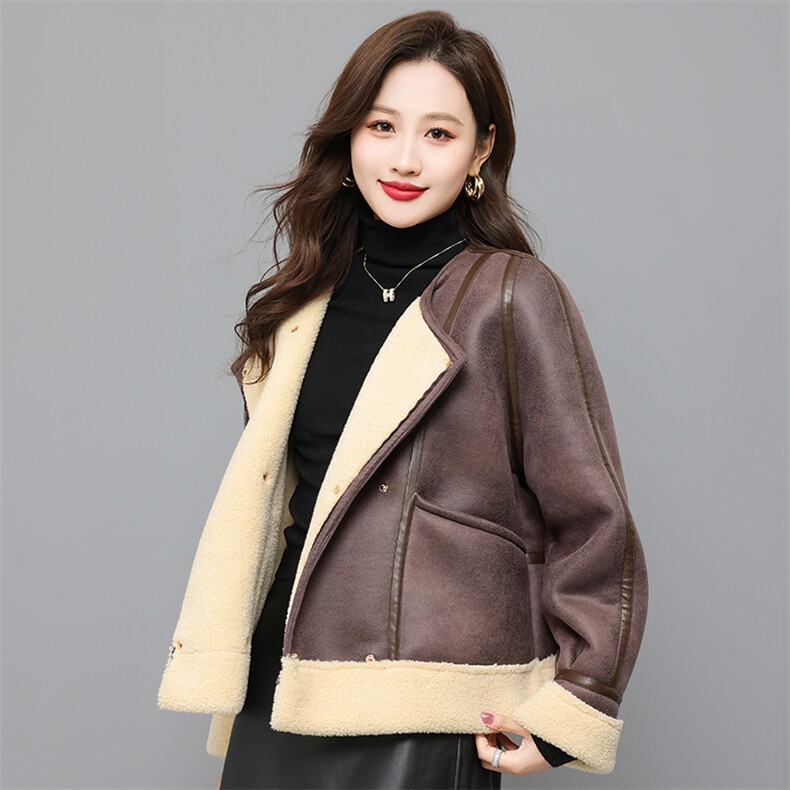 外套女韩版时尚单排扣简约百搭加绒整件宽松加厚甜美外套,女装羊羔毛/颗粒绒,曼沙奕珂