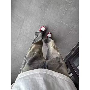 【有货】DA450-批48水洗脏染泼墨牛仔裤男潮牌美式直筒弯刀微喇裤图片