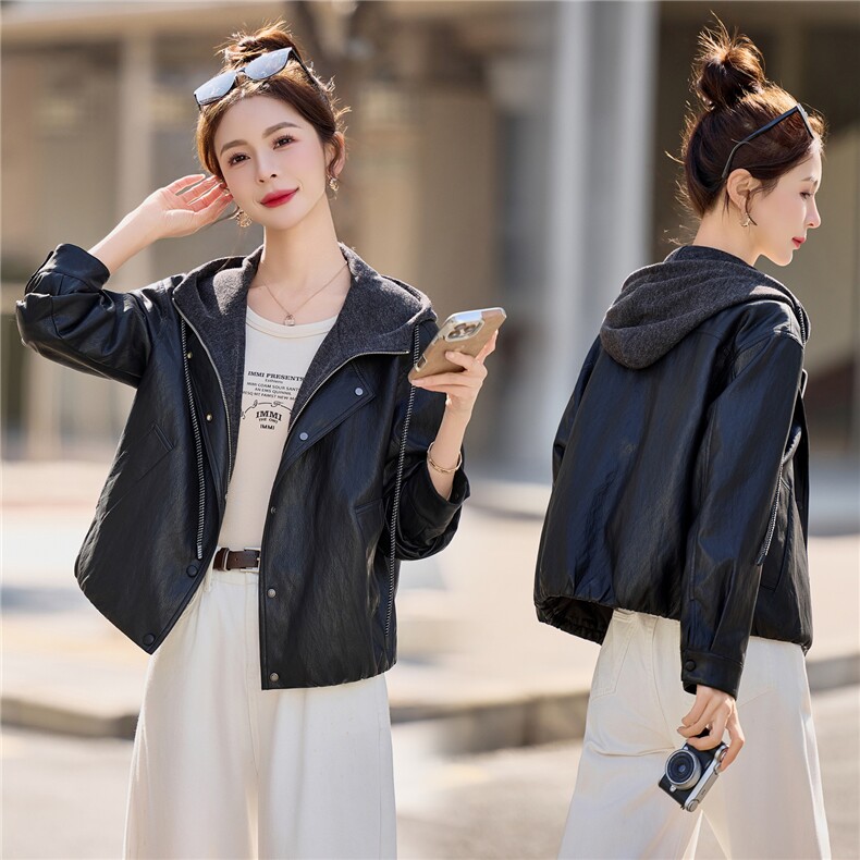 【春季女装新款】大量现货时尚假两件短款皮衣外套P138-K210，女装皮衣，简古