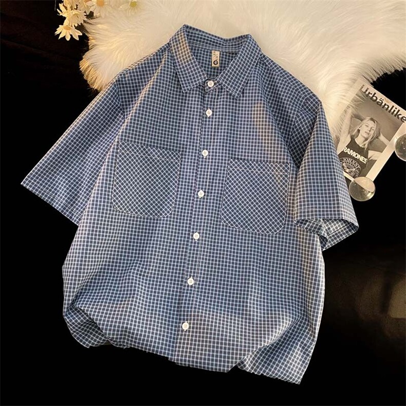 美复古格子短袖夏季宽松上衣外套潮XZ402-2P28控45货足CS69特批式图片