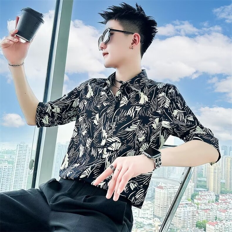 夏季薄款男五分袖个性衬衫短袖休闲痞帅花衬衣男装百搭半袖寸衫潮,男装T恤,电商B212（原钱塘6029）