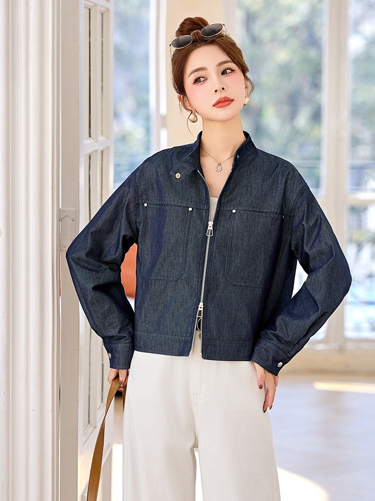 复古仔外套女立领链短款2025春季新款纯色宽松韩版长袖上衣,女装短外套,沁沁公主