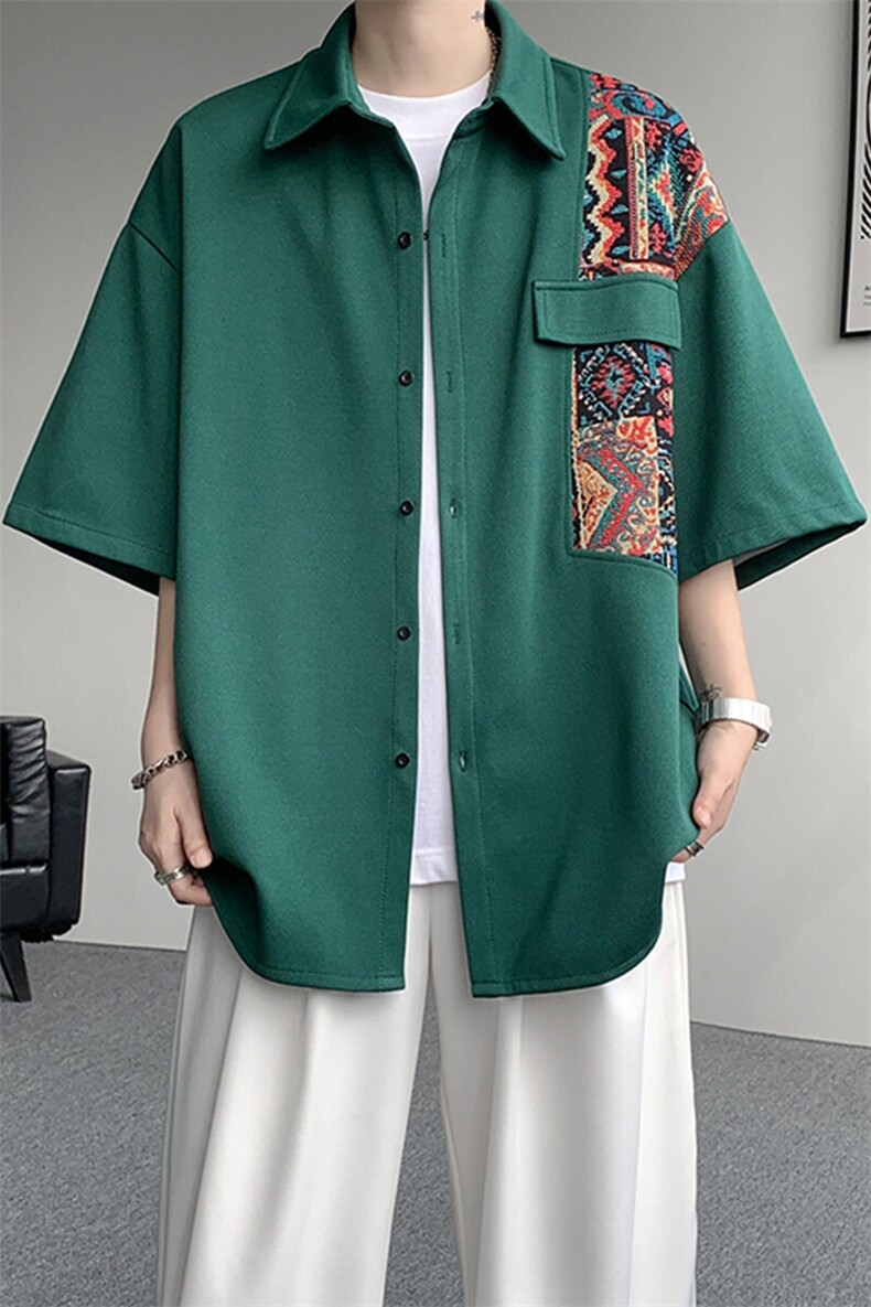 8XL-M民族风拼接短袖衬衫男夏季痞帅半袖衬衣薄款外套DC28009P45,男装衬衫,电商B312