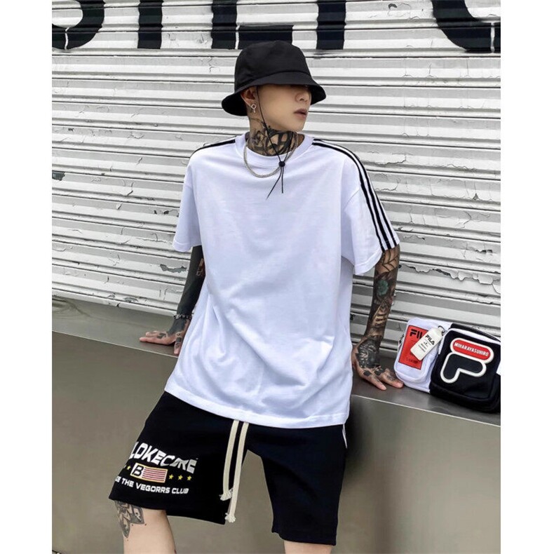 抖音得物高品质二开240克宽松纯棉美式潮牌三条杠织带短袖T恤,男装T恤,电商A486-1