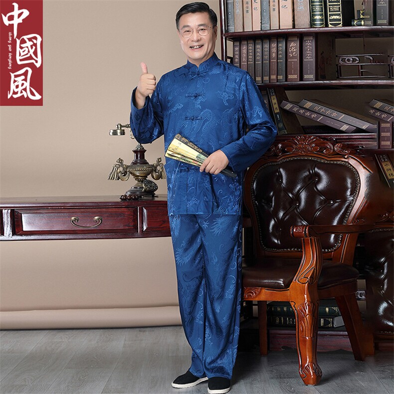 主推风中老年唐装男春秋长袖套装太极服丝绸爷爷装,男装中老年男装,钱塘723