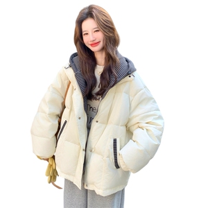 设计感假两件条纹连帽羽绒服女冬季宽松加厚面包服保暖外套图片