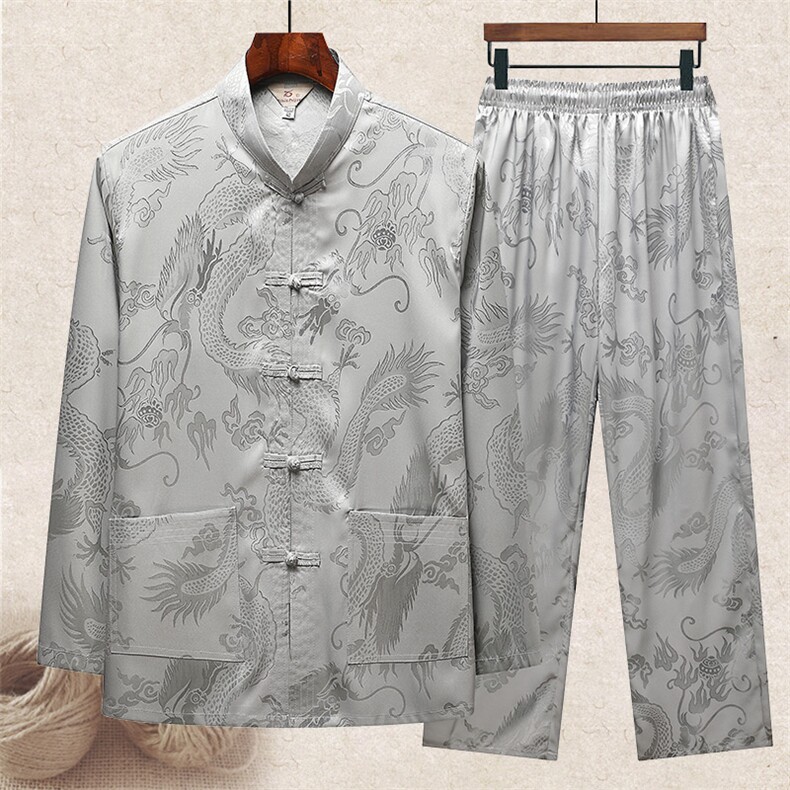 主推春夏款风衬衫长袖套装男复古唐装薄款中老年中式套装，男装民族服装，钱塘723