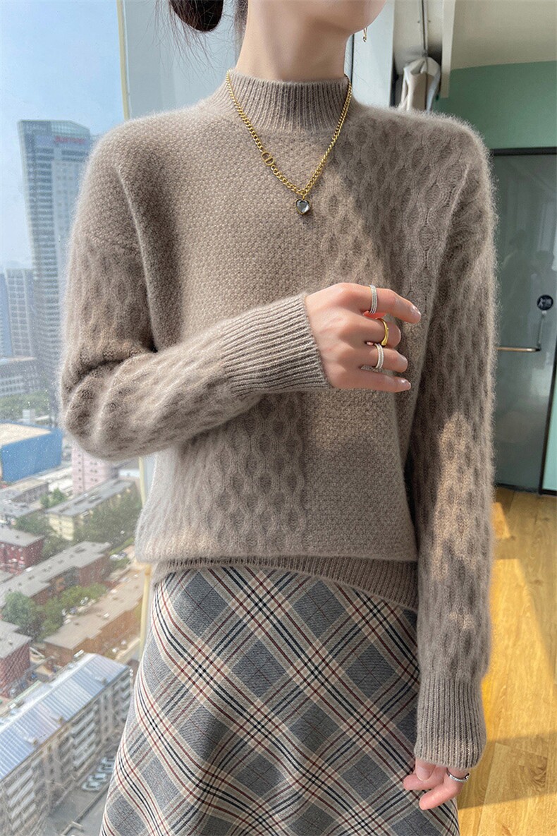 麻花加厚半高领女2024秋冬装新款针织衫羊毛衫,女装羊毛衫,百越羊绒