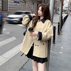 撞色翻领风衣外套女2025秋新款韩系高级感小个子宽松显瘦百搭大衣，女装风衣，2D145