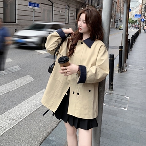 撞色翻领风衣外套女2025秋新款韩系高级感小个子宽松显瘦百搭大衣图片