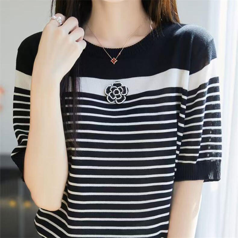 经典条纹~莱赛尔天丝山茶花条纹短袖女夏季圆领针织T恤打底衫,女装T恤,萱芳婷羊绒