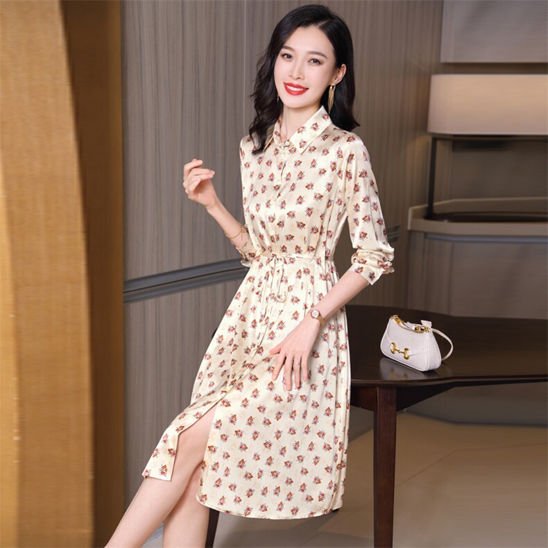 杭州重磅真丝连衣裙女夏季2026新款碎花裙中长款缎面真丝衬衫裙图片